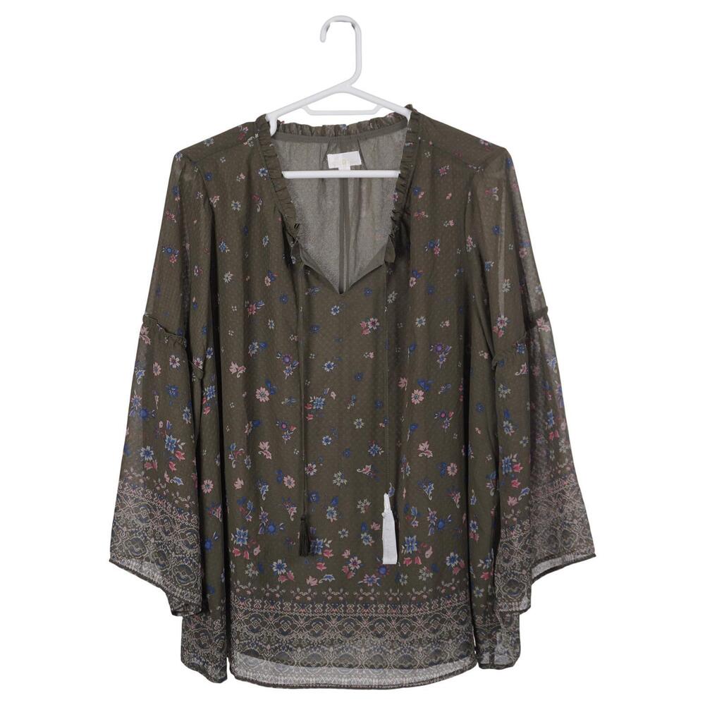 NWOT Belle Kim Gravel Blouse 3X Green Floral Tassel Long Sleeve Peasant Top